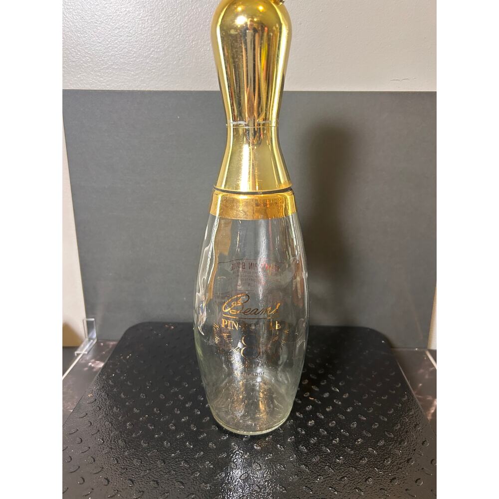 vintage 1950s Jim Beam "Gold Ten-Pin" whiskey decanter shaped like bowling pin